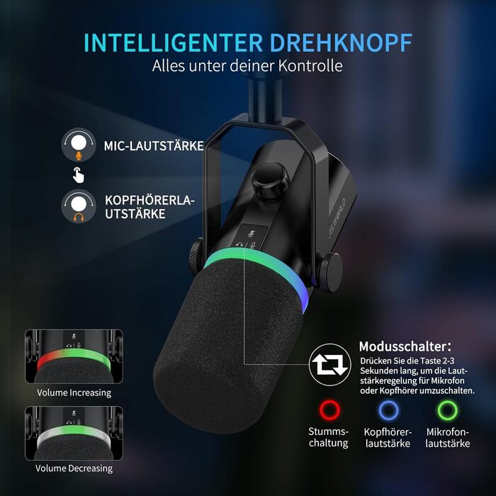 Мікрофон FEELWORLD PM1 XLR/USB з RGB-підсвічуванням для запису подкастів, геймінгу та YouTube. З підсвічуванням RGB, регулятором гучності та навушником.