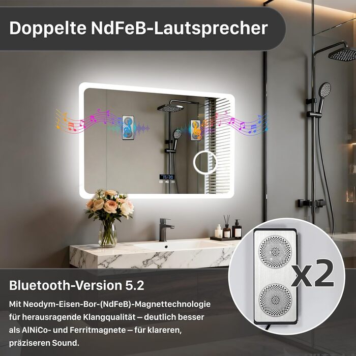 Дзеркало для ванної кімнати LUVODI з підсвічуванням 100x70 см: годинник, температура, дата, антизапар, регулювання яскравості, 3 кольори світла, функція пам'яті, LED, водонепроникність (60L x 80B см, 3x лупа + Bluetooth)