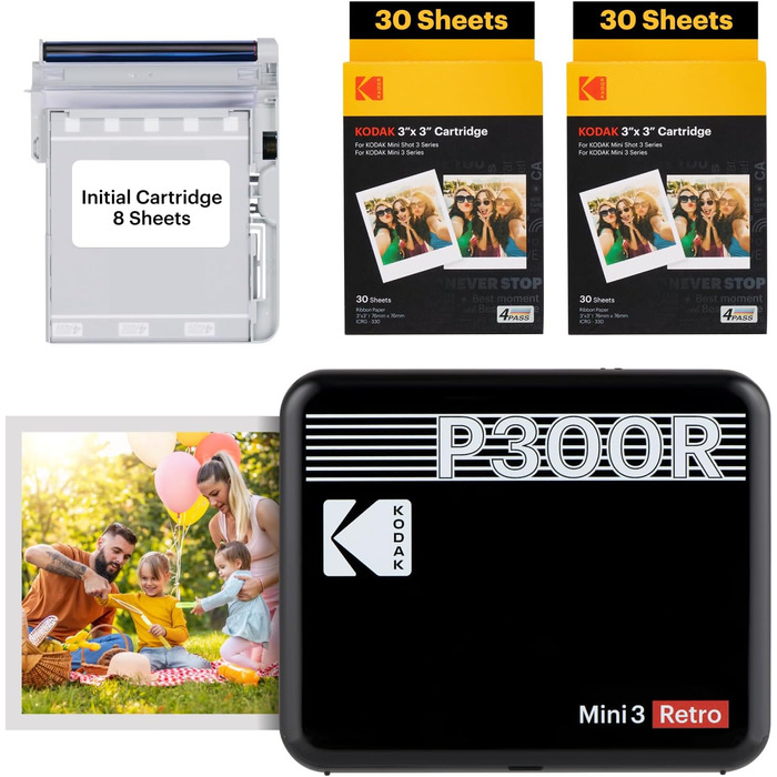 Фотопринтер KODAK Mini 3 Retro: портативний друк 7,6x7,6 см + 68 аркушів, чорний