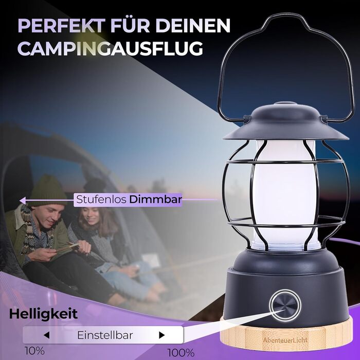Outdoor LED Camping Lantern AdventureLight - Weatherproof Battery-Powered Camping Lamp with up to 200h Runtime, Steplessly Dimmable, 2 Color Temperatures: Cozy & Refreshing, 390 Lumens, USB Rechargeable