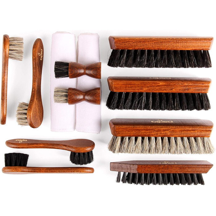 Biped 12-Piece Shoe Care Set for Smooth Leather – Wooden Shoe Brushes with Horsehair – Made in Germany – Classic Edition z2604