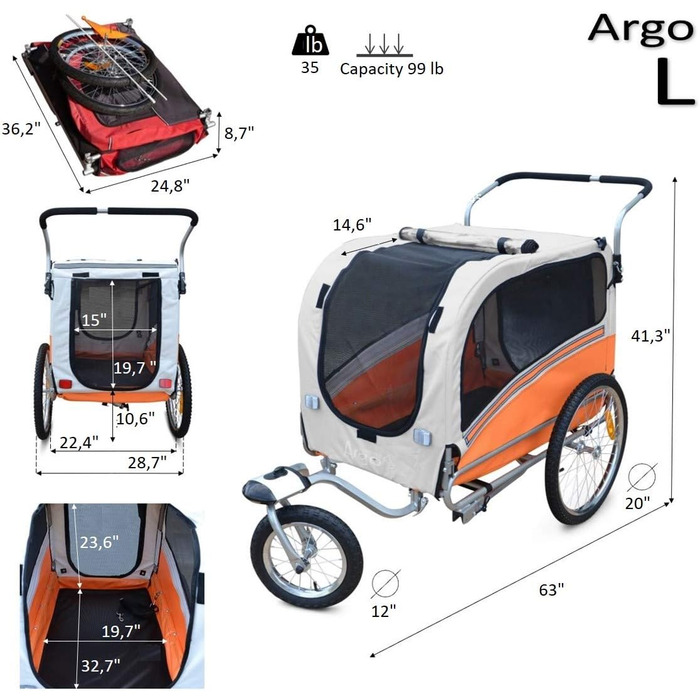 Причеп для собак Papilioshop Argo - велосипедний причеп для собак S-M-L, великий (Оранжевий)