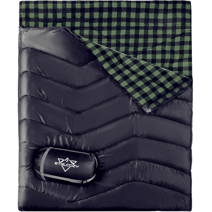 Сплячий мішок двомісний ETGLCOZY для дорослих та дітей, XL, 220*160 см, для кемпінгу, хайкінгу, трекінгу, водонепроникний, з компресійним мішком (чорний/зелений)