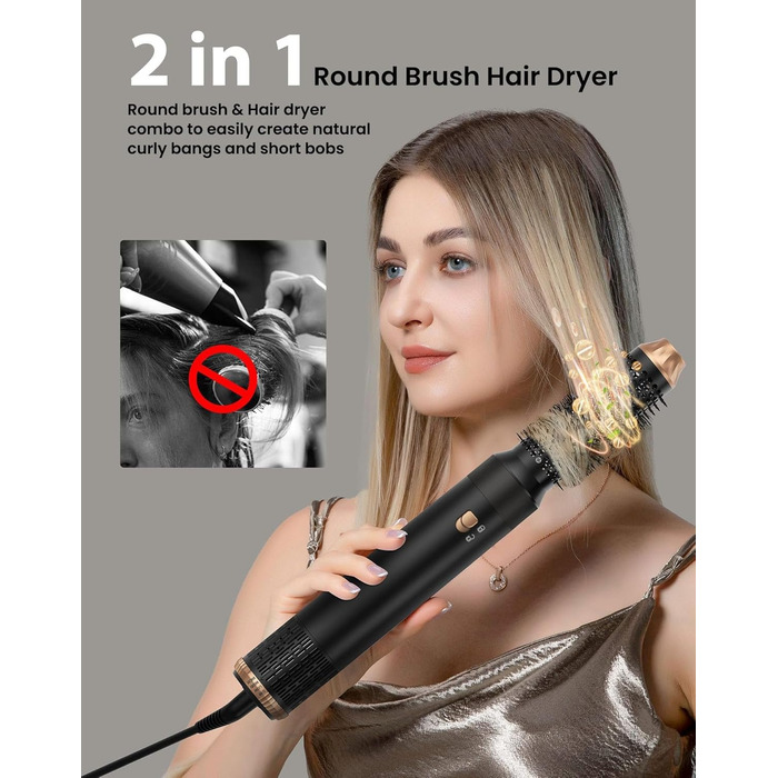 Набір для укладки волосся 6 в 1: фен-щітка, плойка, негайні іони, 110000 обертів, регулювання температури, тиха робота (чорний)