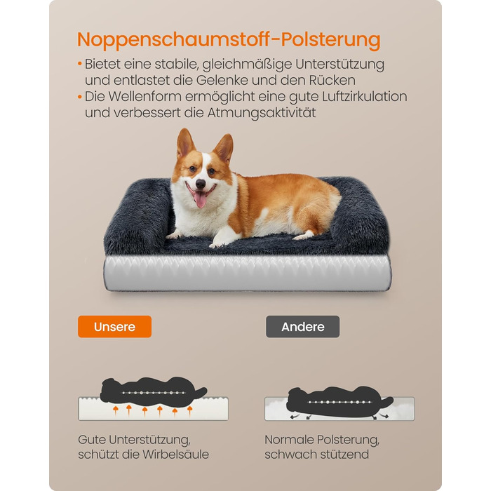 Ліжко для собак Feandrea FluffyHug, XXL, для великих собак, з м'яким наповнювачем, знімний та пральний чохол, 122 x 85 x 19 см, сірий Ombré PGW234G01V1