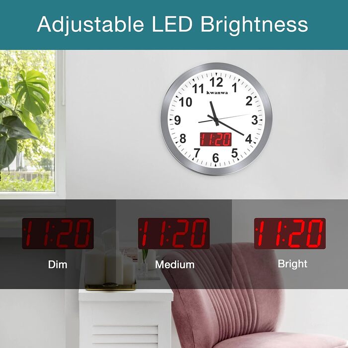KWANWA Modern Wall Clock with No Ticking Sound • Digital LCD/LED Display • Calendar & Temperature • Battery Powered • 30.5cm • 12h Format, Perfect for Kitchen, Bedroom & Office (Silver Case, Red LED)