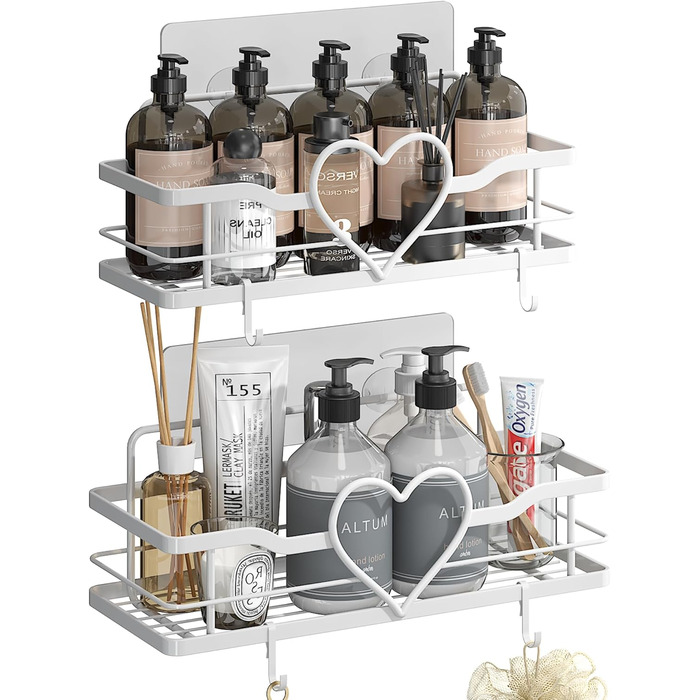 Двосекційна поличка для душу без свердління з 4 гачками, органайзер для шампуню та мила, поличка для ванної кімнати (11.5 см, білий)