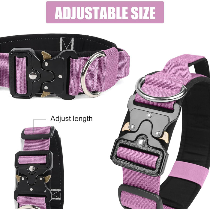 Тактичний нашийник для собак Ledeak з ручкою, регульований, широка підкладка, нашийник з металевою застібкою, навчальний нашийник для собак (фіолетовий, M)
