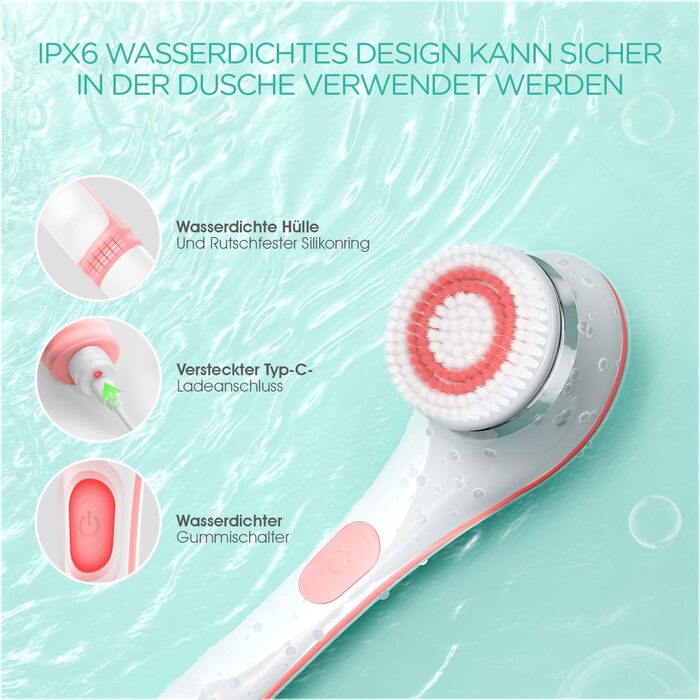 VOYOR Back Brush Shower Brush Body Brush Electric Back Scrubber with Long Handle Waterproof Rechargeable with 4 Cleaning Heads for Spa Shower Exfoliating Massage Brush BC100 (Pink)