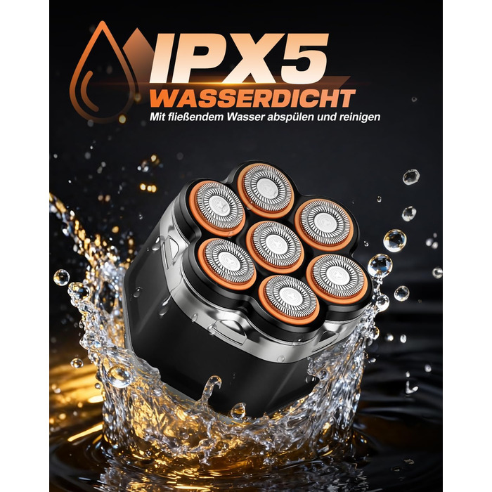 Електрична бритва для голови Glatzenrasierer Herren 7D з LED дисплеєм, водонепроникна (IPX5), чорна