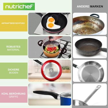 Набір каструль та сковорідок NutriChef 15 предметів, антипригарне покриття, для всіх плит, PFOA/PFOS free, придатний для миття в посудомийній машині, кольоровий