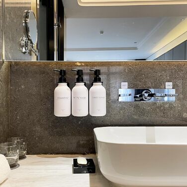 Набір диспенсерів для мила, шампуню та гелю для миття: 3 шт., 500 мл, без свердління, настінний монтаж, етикетки в комплекті, янтарний колір (чорна пляшка + біла помпа)