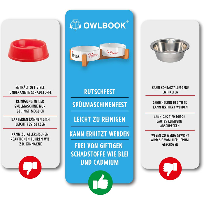 Персоналізована миска для собак OWLBOOK Prinz з іменем - подвійна керамічна миска з бамбуковим каркасом, 300 мл