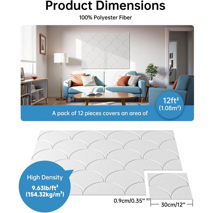 Акустичні панелі Soundsbay для звукоізоляції та декору стін, самоклейні шумопоглинаючі плити з поліестеру, 30x30x0.9 см, білі (12 шт)