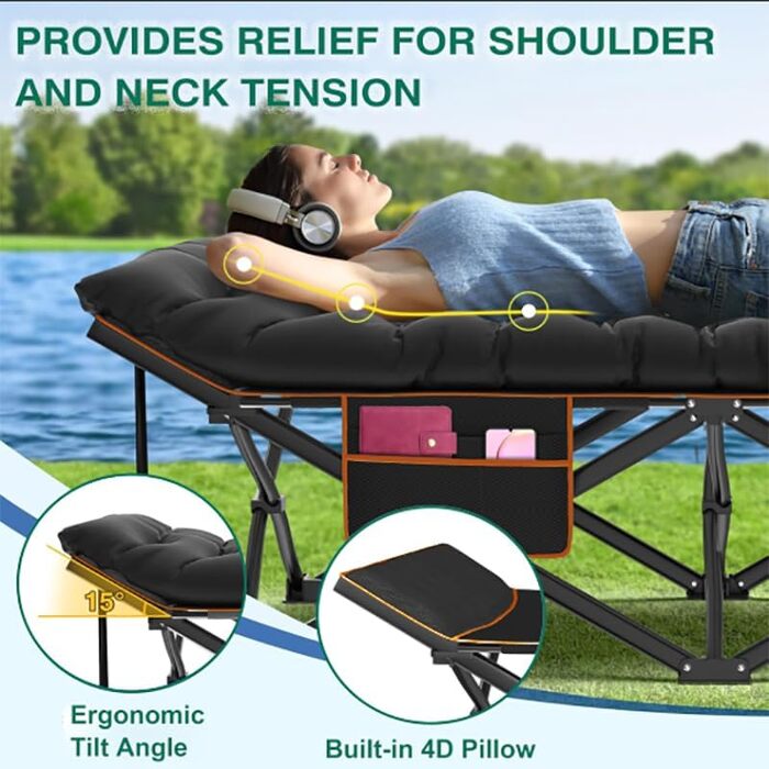 Розкладне ліжко для кемпінгу DRMOIS: велике (XXL), 81 см, вантажопідйомність 400 кг, з ізольованим килимком, сіре