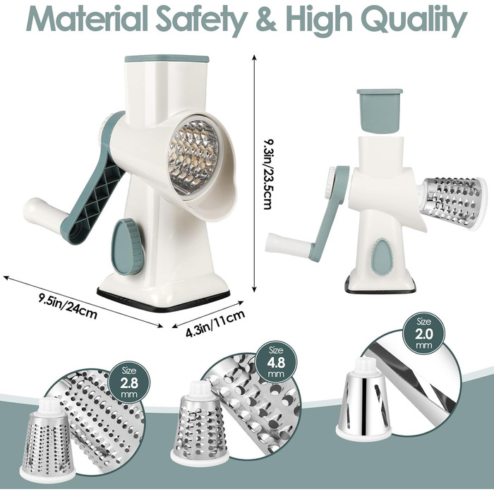 Ручна тертка для сиру та овочів Dreamhigh з ручкою, 3 змінні леза з нержавіючої сталі, для сиру, овочів, горіхів, моркви, огірків, білий колір