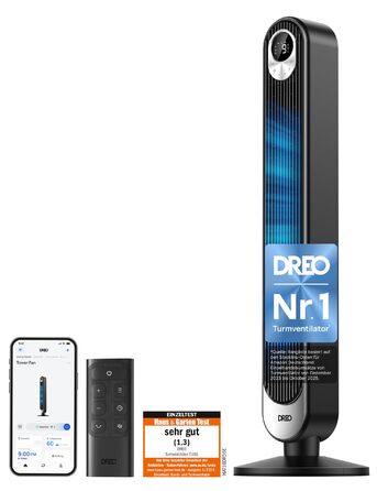 Дрео розумний вентилятор з мотором DC 20dB, 11 м дальность, з пультом керування, 9 режимів, 4 моди, 90° осциляція, голосове керування, таймер 12H, Wi-Fi, для спальні