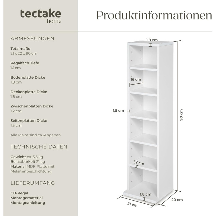 Tectake® CD-стелаж, дерев'яний відкритий стелаж для 102 CD/DVD, настінний білий органайзер для вітальні та офісу