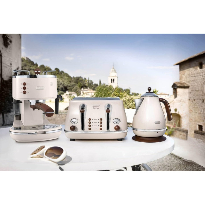 Кавомашина еспресо De'Longhi Icona Vintage ECOV 311.BG – ретро дизайн, ручний капучинатор, для кави та ESE Pads, об'єм 1,4 л, бежевий колір