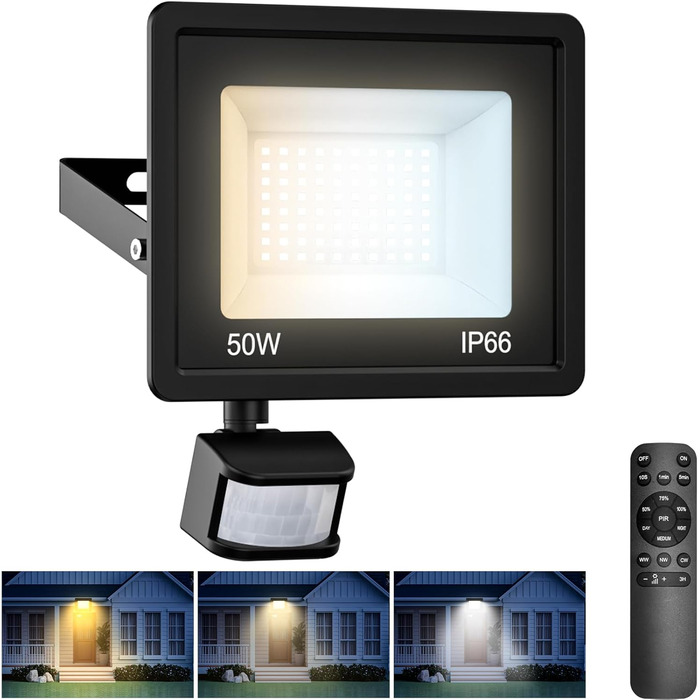 LED Floodlights with Motion Sensor Outdoor, 30W Super Bright LED Spotlights with Remote Control, IP66 Waterproof Floodlights, 6500K Cool White Outdoor Lamp for Garden Garage Yard Wall - 2 Pack (Warm/Neutral /Cool White, 50W - 1 Piece)
