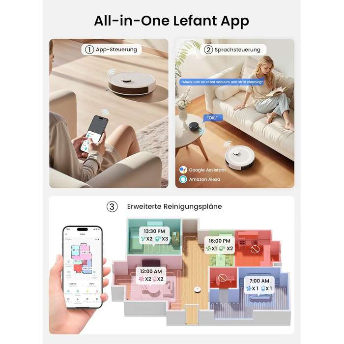 Робот-пилосос LEFANT M2Plus з функцією миття, 6000Pa, LiDAR-навігація, самоочищення, для видалення шерсті тварин, білий