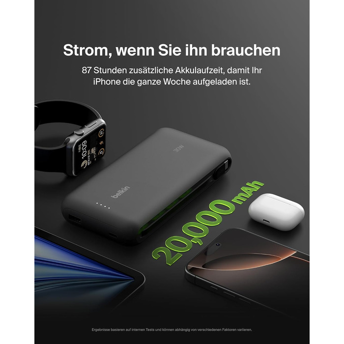 Зовнішній акумулятор Belkin Portable Powerbank 20000 mAh 30W з вбудованим кабелем USB-C PD для iPhone 16, iPad Pro, Samsung Galaxy S25, чорний
