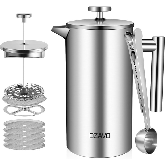 Френч-прес для кави 1л з нержавіючої сталі, термоізольований, з подвійними стінками та 5 фільтрами