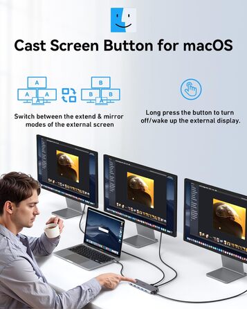 Док-станція USB C 13 в 1 для трьох моніторів: Dual HDMI 4K, DisplayPort, 10G USB 3.1, Ethernet, PD 100W, аудіо/мікрофон, сірий