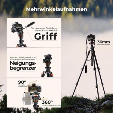 Компактний алюмінієвий штатив для камери K&F Concept 182 см, посилений тримач 8 кг, Arca-Swiss куляста головка для DSLR, бездзеркальних камер та iPhone, чорний (O234A3+BH-36)