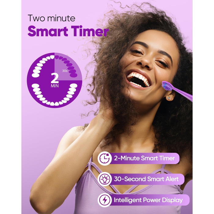 Електрична зубна щітка MySmile DY156 для дорослих, акумуляторна звукова щітка, портативна з 3 насадками, таймер 2 хвилини, 5 режимів, 45000 вібрацій на хвилину, 60 днів роботи від одного заряду, 1 шт. (фіолетова)