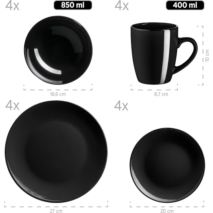 Modern Dinnerware Set for 6 People with Brass-Colored Rim, 24-Piece Combination Service with Rimless Coupe Shapes, Black 24-Piece Black