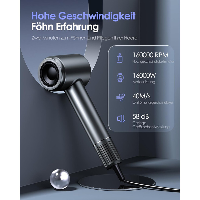 Іонізатор волосся Bopcal, 160000 об/хв, 500 млн іонів, з насадкою-дифузором, професійний фен для дому, салону, подорожей, 12 режимів, чорний