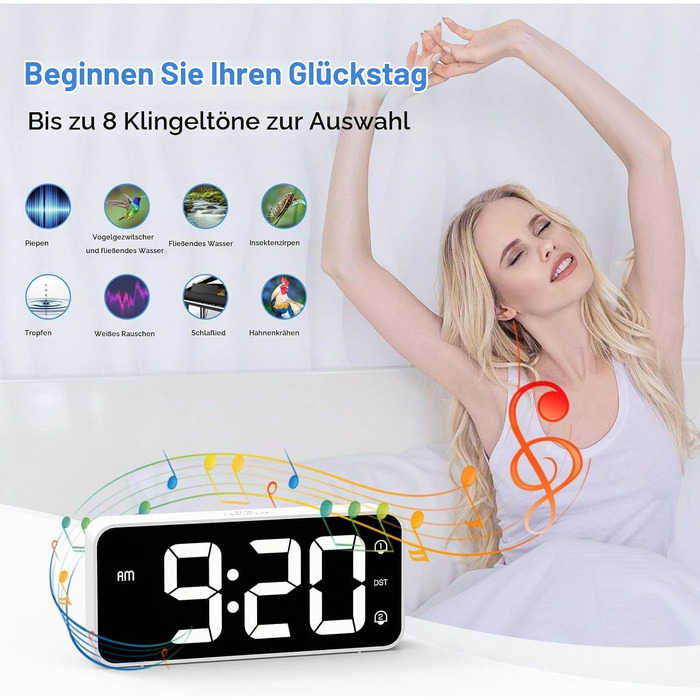 Цифровий LED будильник LATEC з 2 сигналами будильника, функцією Snooze, USB-портом для зарядки, регулюванням яскравості та гучності (90-120 дБ), 8 мелодій, формат 12/24г, мережевий, білий