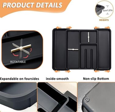 Органайзер для столових приборів ZHUlYIWIN в шухляду, розсувний, з тримачами для ножів, чорний