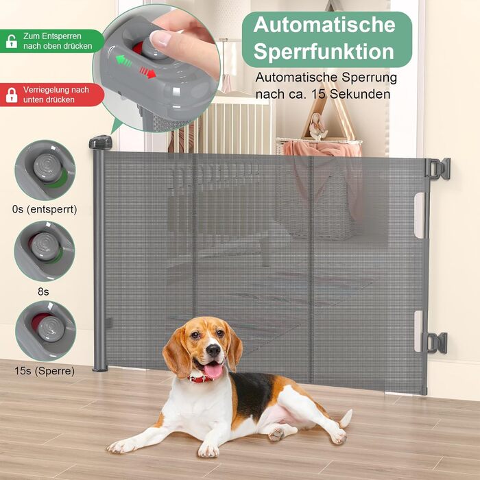 Retractable Baby & Pet Gate with Lock - 150cm Wide, 83cm High - Automatic Locking, Grey