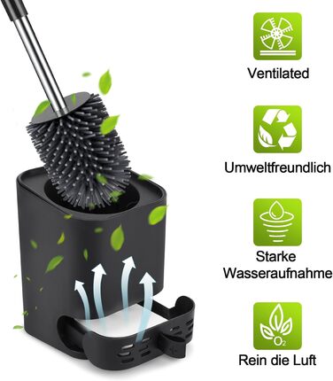 Силіконова щітка для унітазу Glowbal з контейнером, швидковисихаюча, для ванної кімнати, настінний монтаж/стоячий дизайн, білий/сірий (чорний/сірий)