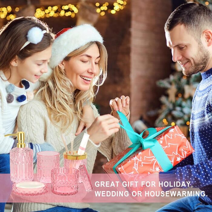 Набір аксесуарів для ванної кімнати зі скла (5 шт.), рожевий: мильниця, дозатор мила, стакан для зубних щіток, стакан для води, органайзер. Преміум якість, сучасний дизайн. Ідеальний подарунок!