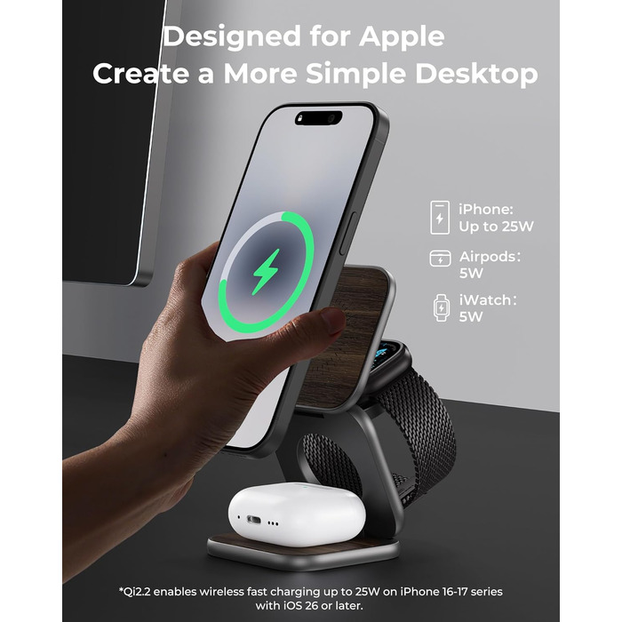 Бездротова зарядна станція KU XIU X40 Turbo Qi2.2 25W 3-в-1 для iPhone 17/16/15/14/13/12, Apple Watch, AirPods. Алюмінієвий адаптер GaN 45W, дерев'яна текстура