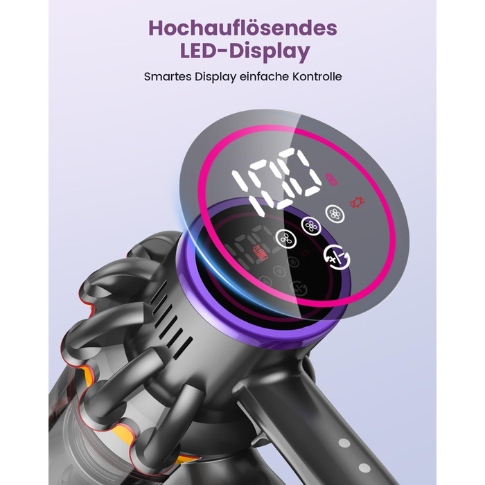 Бездротовий акумуляторний пилосос 45000 Па/580 Вт/70 хв, легкий, 6-в-1, з LED дисплеєм, станцією зарядки та насадкою проти спутання шерсті, для твердих поверхонь, килимів та шерсті тварин