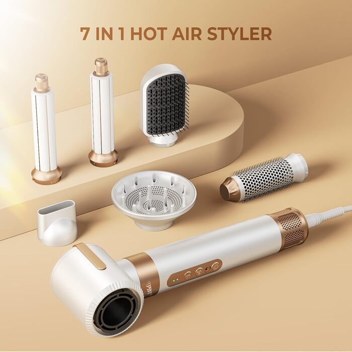 UKLISS Airstyler Pro 7-в-1: Фен, стайлер, завикучувач. Професійний набір для волосся з автоматичною завивкою, брашінгом та випрямленням. Зменшення пухнастості, без екстремального нагріву. Білий, золотий