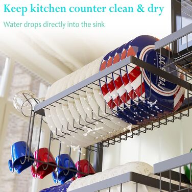 Сушарка для посуду на мийку, 3-ярусна, нержавіюча сталь, регульована (84-102 см), велика сушарка для стільниці (чорна)