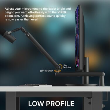 Тримач для мікрофона IXTECH RGB з низьким профілем, регульований кріплення для мікрофона зі стійкою, поворотний мікрофонний стійка з кабельною організацією для подкастів та стрімінгу (6 Viper)