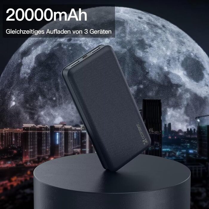 Powerbank CoolReall 20000 mAh: портативний зарядний пристрій з USB-C (вхід/вихід) та 2 USB, чорний