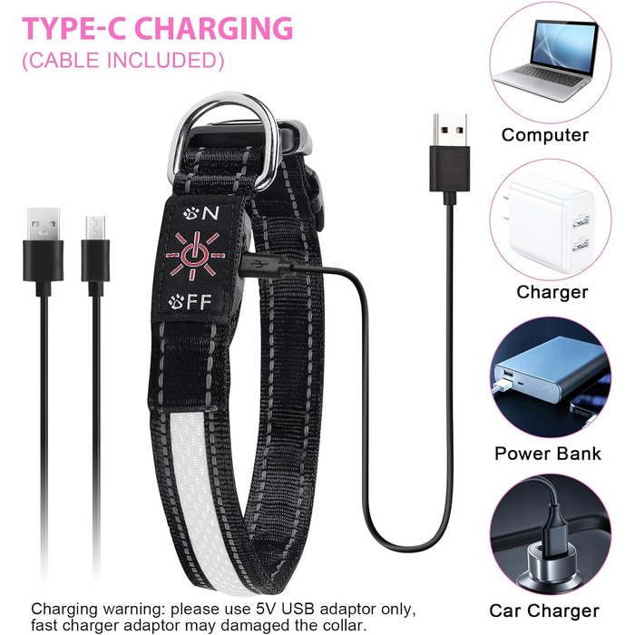 Світловідбиваючий нашийник для собак AUAUY LED, USB-зарядка, водонепроникний, регульований, безпечний, 6 кольорів, розмір S (11.8-15.7'/30-40 см)