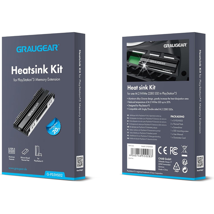 Радіатор охолодження GrauGear для M.2 NVMe SSD, комплект кулера для Playstation 5, PS5 Slim, з теплопровідною кришкою (алюміній) G-PS5HS02