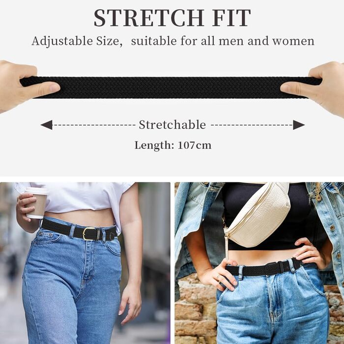 Жінський та чоловічий тканинний ремінь Flintronic, еластичний плетений ремінь, ширина 3.3 см, довжина 107 см (для обхвату талії 76-115 см), колір: чорний