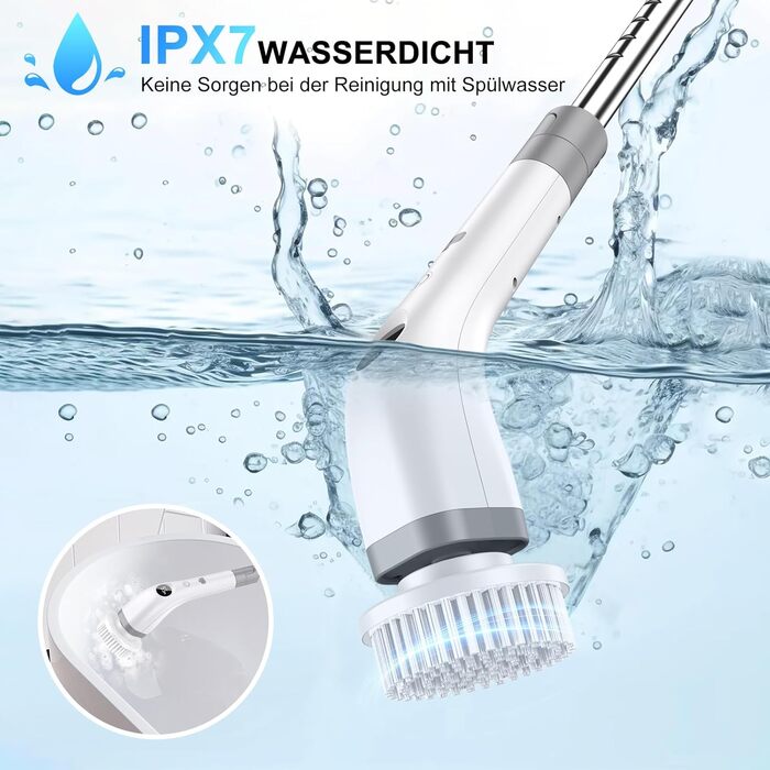 Електрична щітка для прибирання 7 в 1 з регульованою ручкою, змінними насадками, 2 швидкості, для ванної, плитки, IPX7, білий/сірий