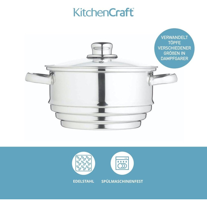 KitchenCraft 3-Tier Steamer, universal steaming insert, stainless steel, suitable for 16, 18 and 20 cm wide pots, Silver 1 Silver