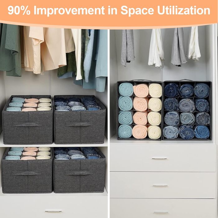 EASEVE 4-Piece Closet Organizer Drawer Storage Box for Clothes - 12-Cell Drawer Organization System Closet Clothes Storage Boxes for Jeans, Pants, Towel, Shirt, Sweater