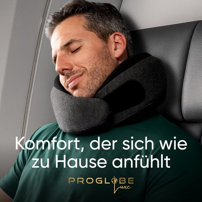 Подушка для подорожей Proglobe Luxe з піни Memory Foam (чорний). Комфортна подушка під шию для літаків з підставкою під підборіддя, компресійним мішком.